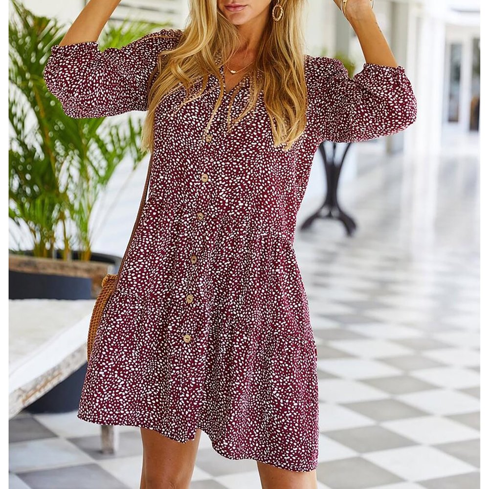 Red Confetti Print Button Down Shift Dress - Picture 6 of 11